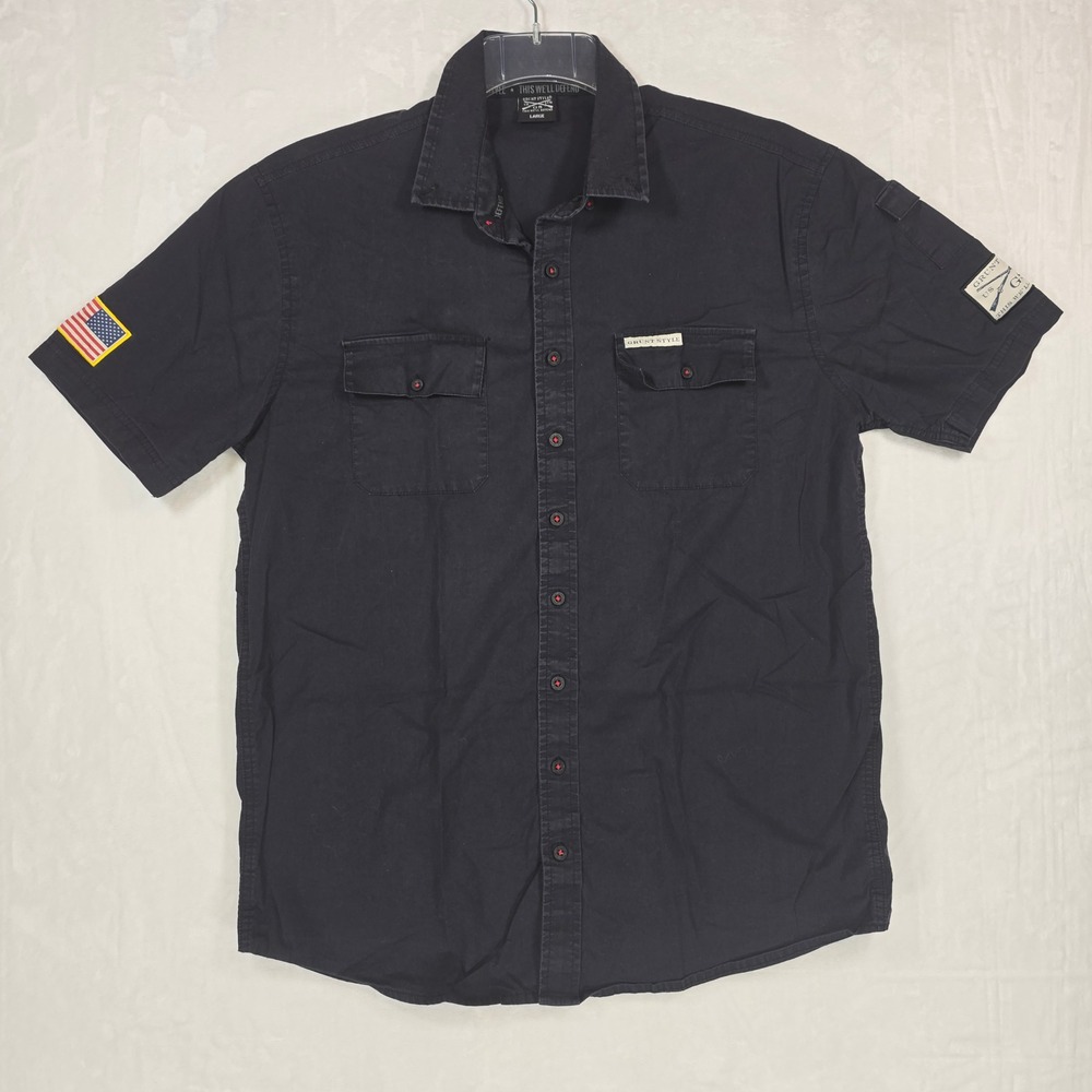 Grunt Style Mens L Black Tactical Button Up Shirt American Flag Military